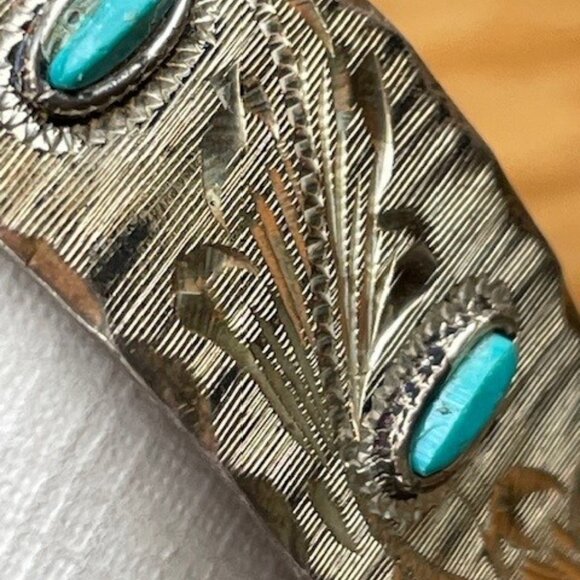 Vtg. MEXICO 4 Panel Cuff Bracelet TURQUOISE INLAYS Artisan MMS and Eagle - Picture 8 of 11